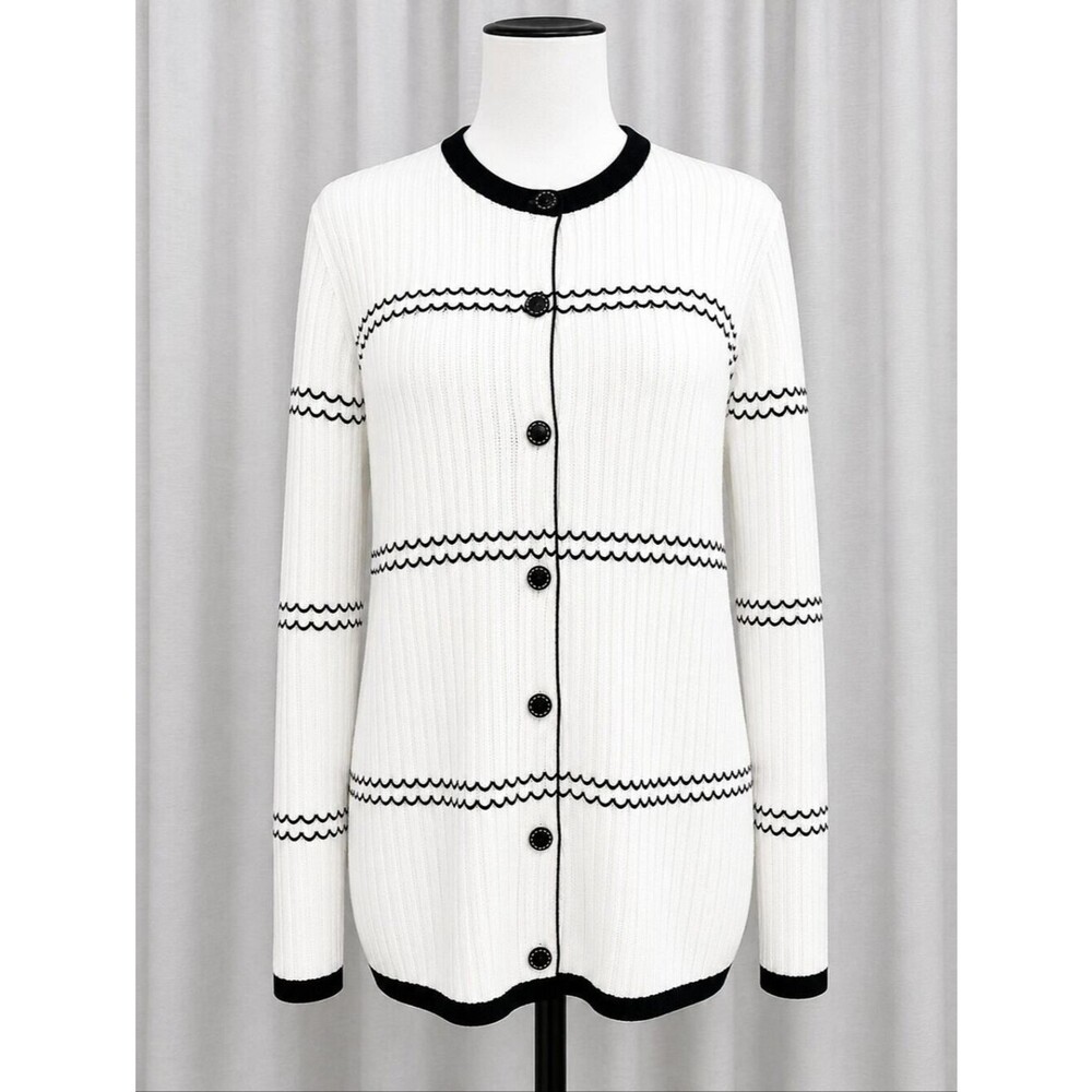 Bella Colori Creamy White Black Scallop Button Front Rib Knit Cardigan Sweater